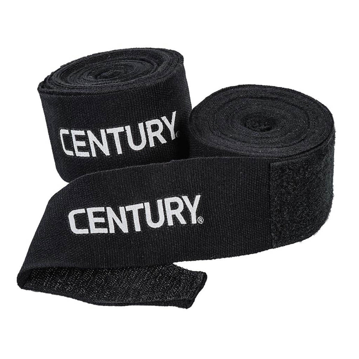 Black stretch hand wraps, rolled pairs with CENTURY logo label