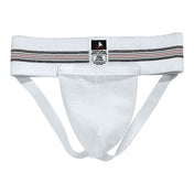 White athletic supporter with striped waistband and pouch front