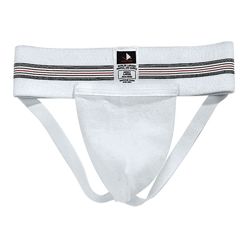 White supporter underwear with elastic waistband featuring red, black, and blue stripes