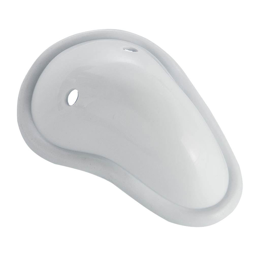 Light gray molded athletic cup with oval shell and small side hole