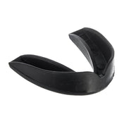 Black single mouthguard viewed from side, U-shaped molded fit