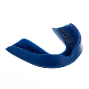 Blue single mouthguard with U-shaped fit and textured bite surface