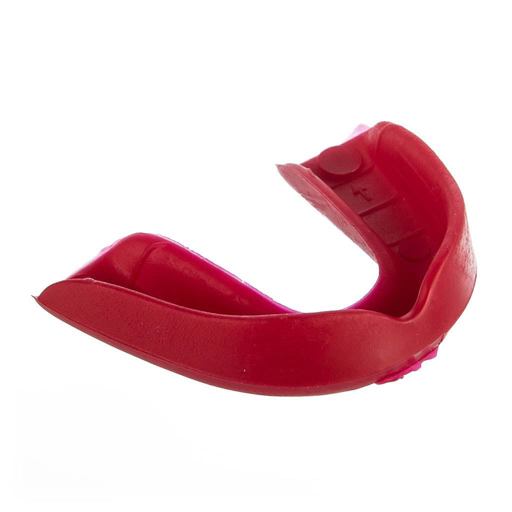 Red single mouthguard, U-shaped with textured inner bite plate