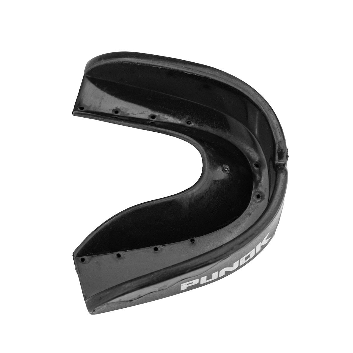 Black mouthguard in profile, showing inner molded bite surface