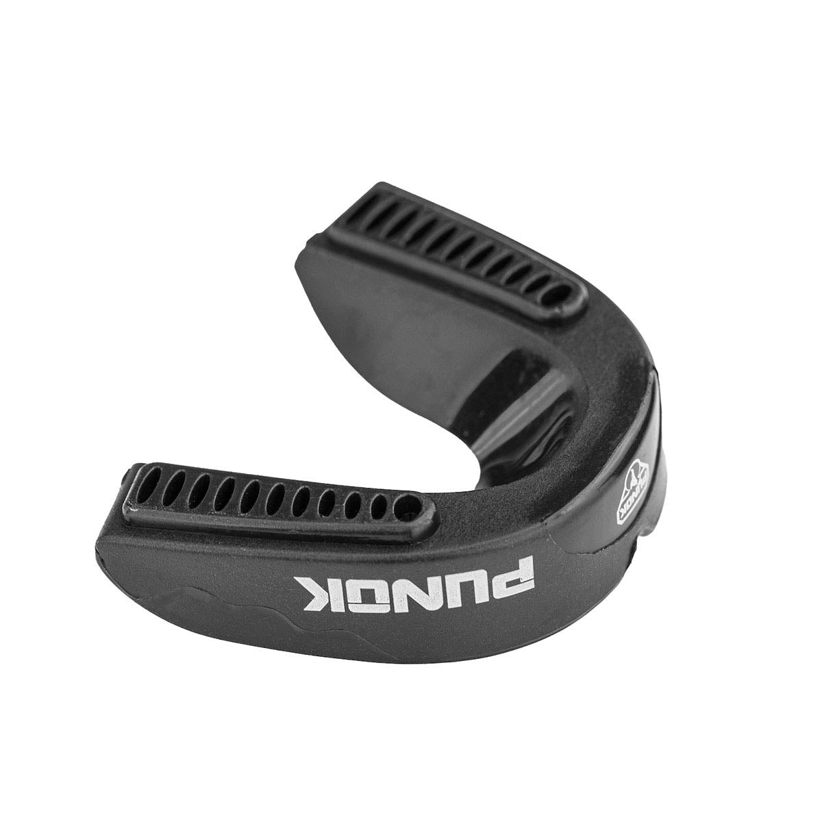 Black mouthguard top view with vent holes on the bite guard