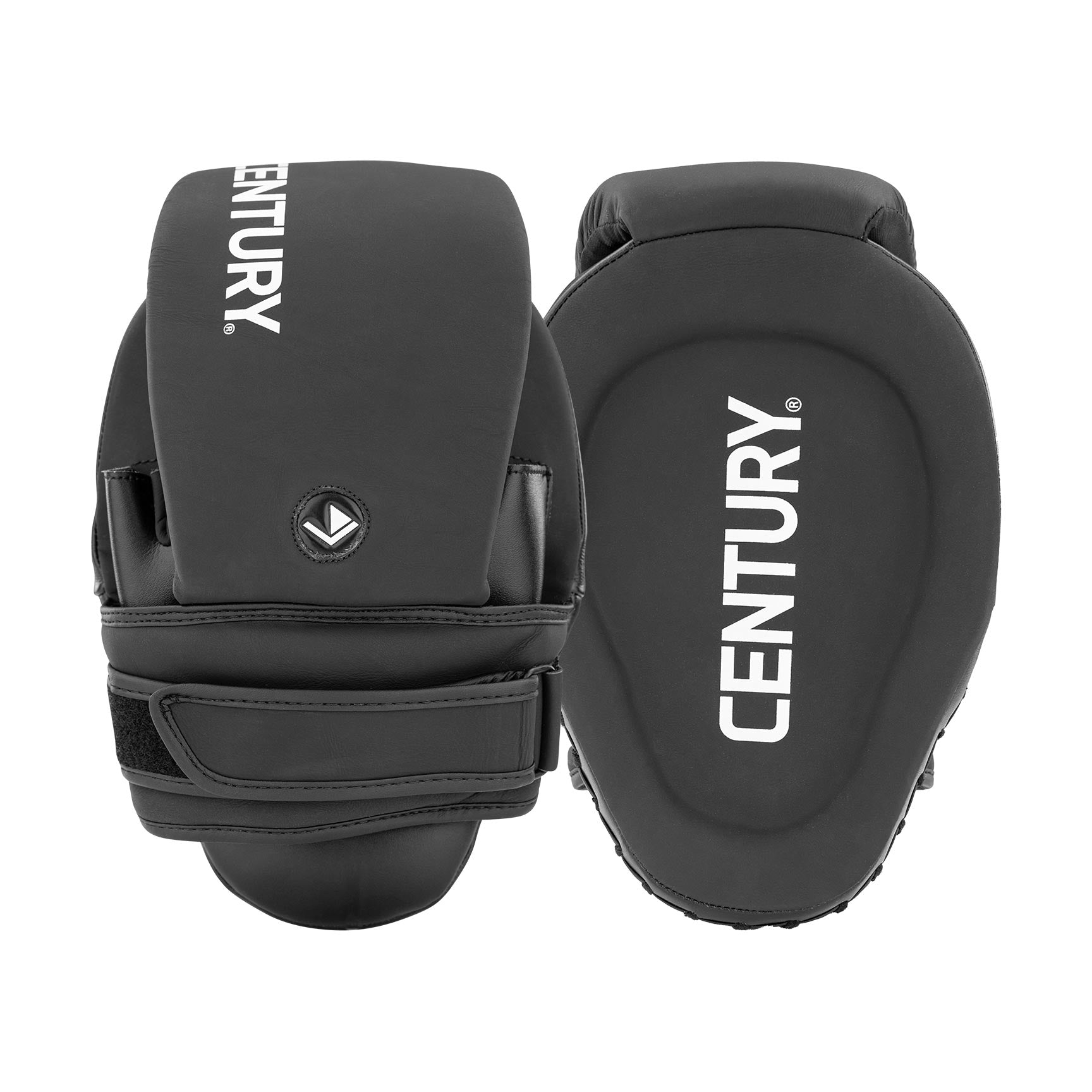 Black catcher's mitt pair with padded back and logo patch on each glove