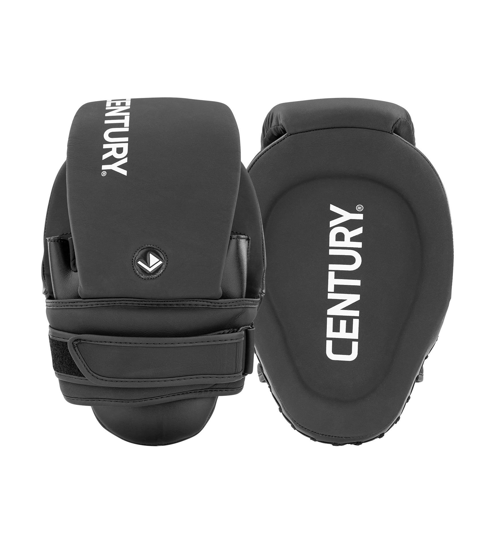 Black catcher's mitt pair with padded back and logo patch on each glove