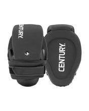 Black catcher's mitt pair with padded back and logo patch on each glove