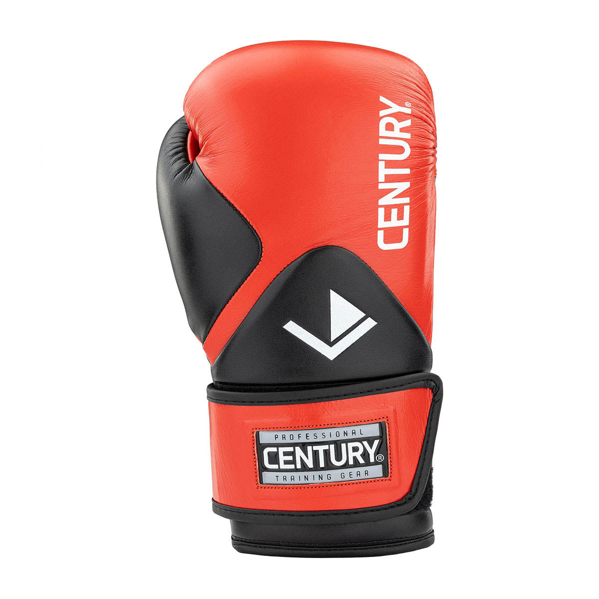 Red kickboxing punch glove with black face panel, V emblem, and Century wrist patch