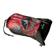 Mesh kickboxing punch bag cover with red and black panels, carrying strap
