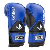 Blue boxing gloves with black trim, CENTURY wrist patches and hook-and-loop cuffs
