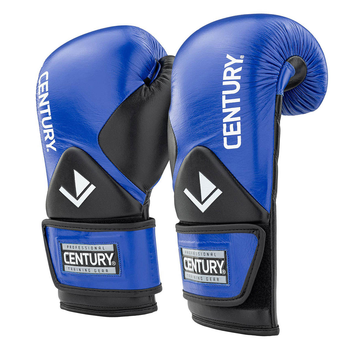 Blue boxing gloves with black shield panels, CENTURY wrist patches and curved padding