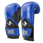 Blue boxing gloves with black shield panels, CENTURY wrist patches and curved padding