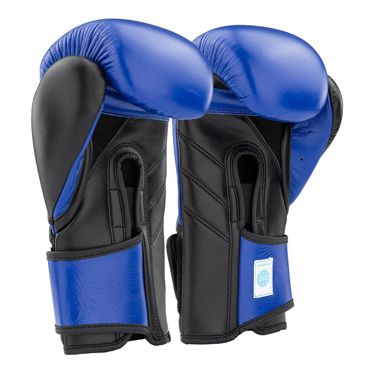 Blue-and-black training gloves back view with padded wrist strap and thumb area