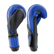 Rear view of blue-and-black training gloves with CENTURY branding on the cuffs