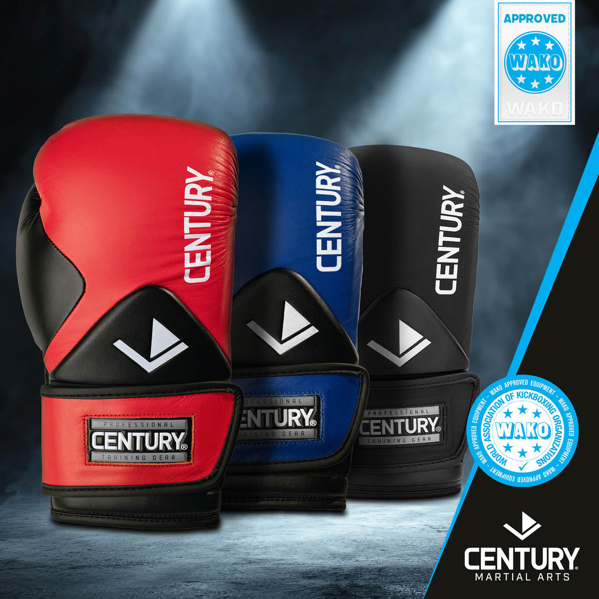 Red and black kickboxing punch gloves with Century logo and V emblem on the wrist