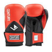 Pair of red and black kickboxing punch gloves with Century wrist patch and V emblem