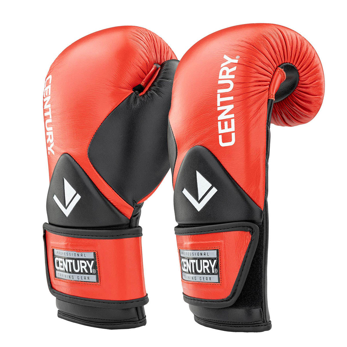 Red and black kickboxing punch gloves with rounded knuckle pads and Century wrist labels