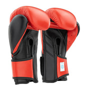 Back view of red and black kickboxing punch gloves with molded finger guards