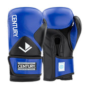 Blue and black kickboxing gloves with Century training patch and logo