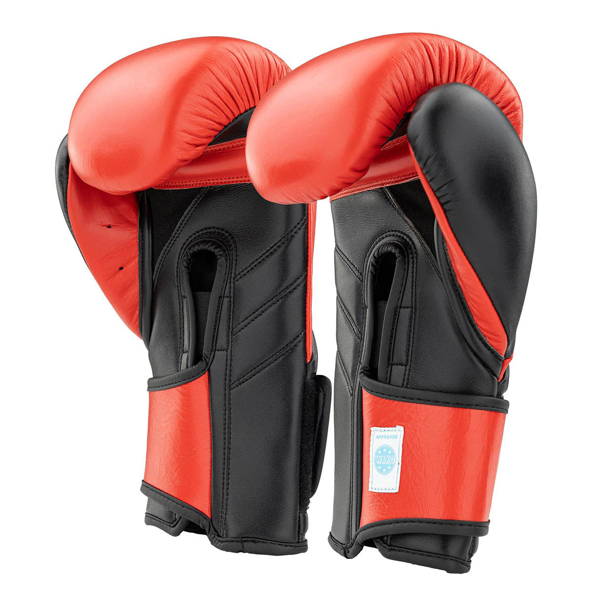 Back view of red kickboxing punch gloves with black grip panels and Century wrist patch