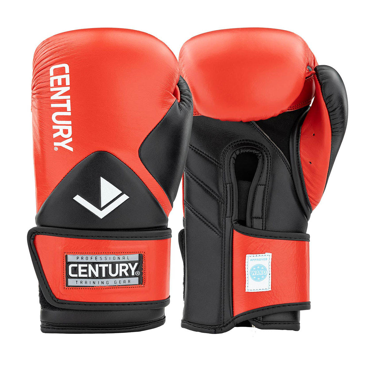 Red and black kickboxing gloves with Century training patch and logo
