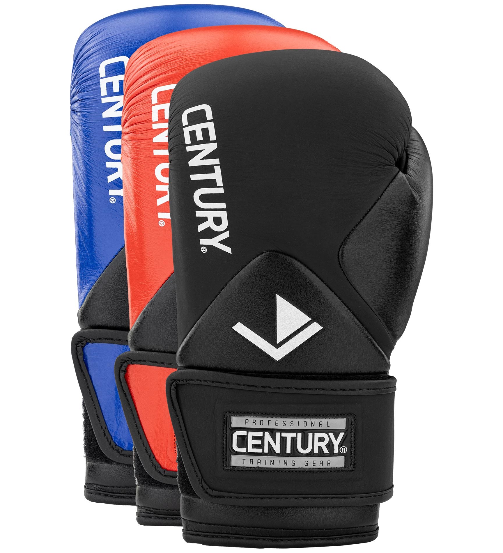 Pair of kickboxing gloves in blue, red, and black with Century training patch