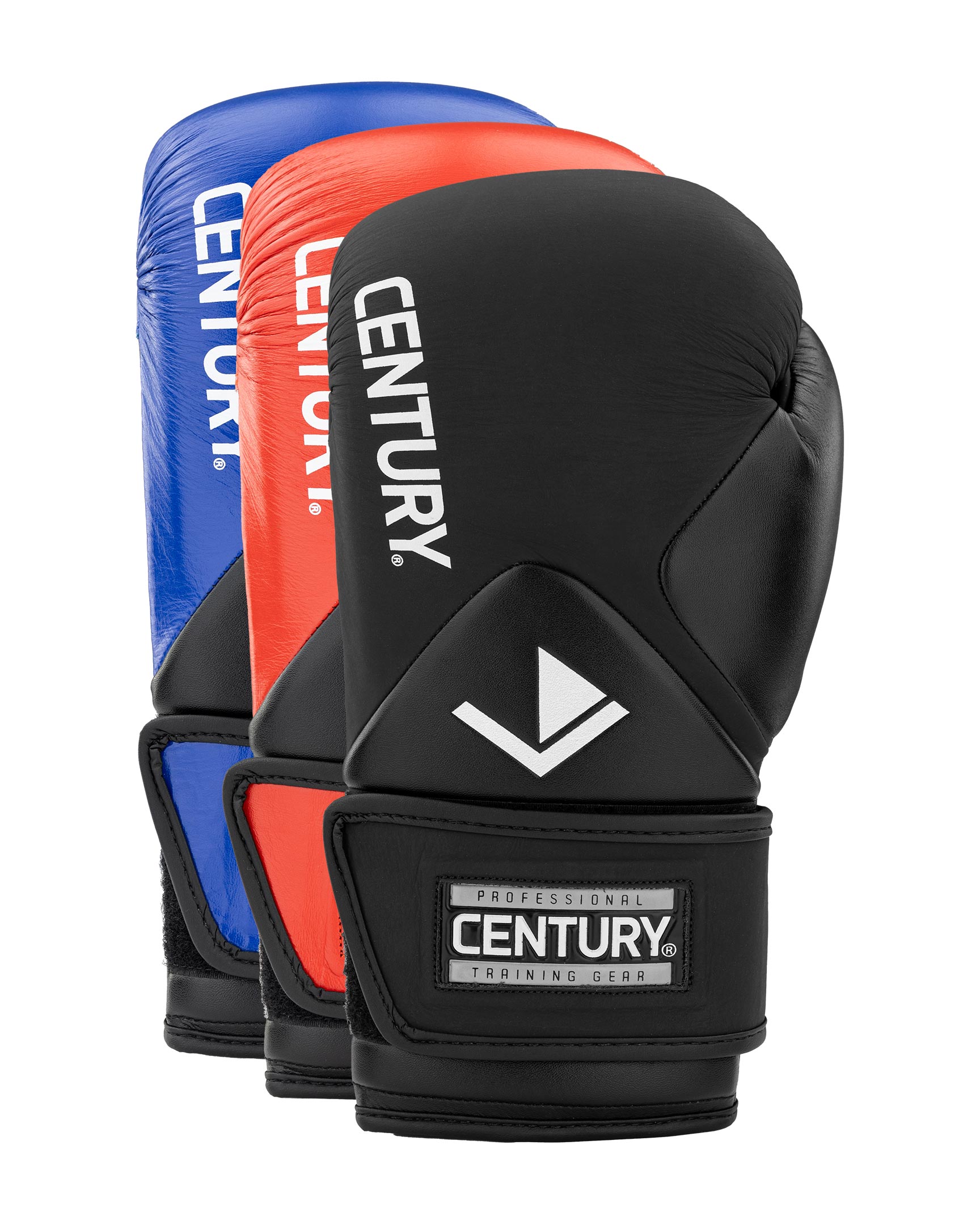 Pair of kickboxing gloves in blue, red, and black with Century training patch