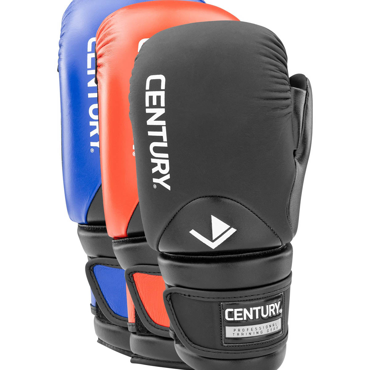Black boxing gloves with CENTURY logo, thumb guard, and hook-and-loop wrist strap.