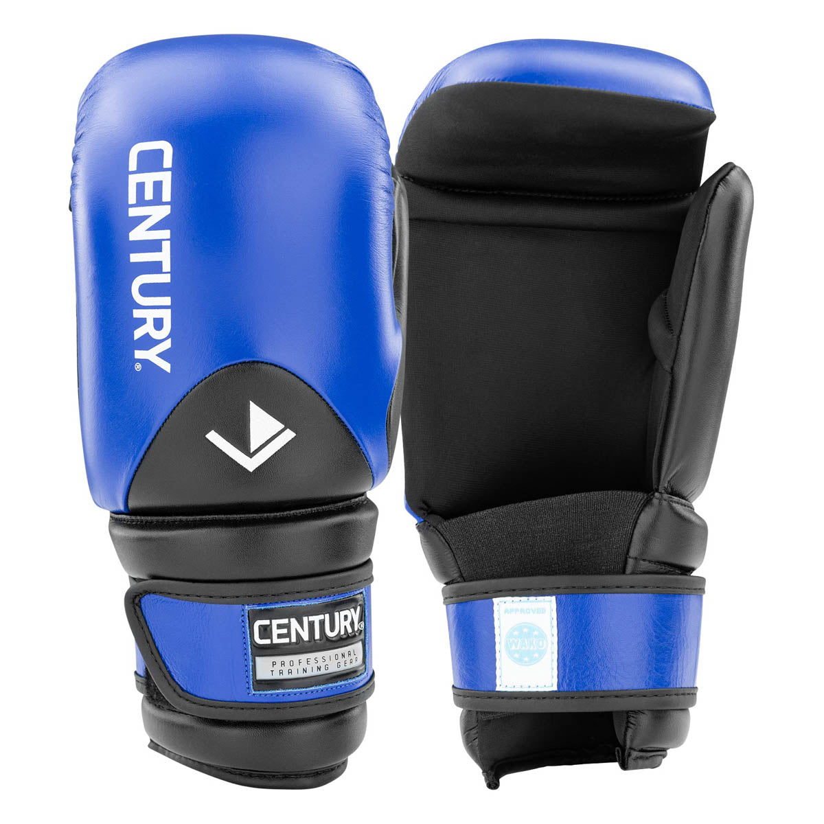 Blue boxing gloves with black back panels and CENTURY wrist patch, angled view.