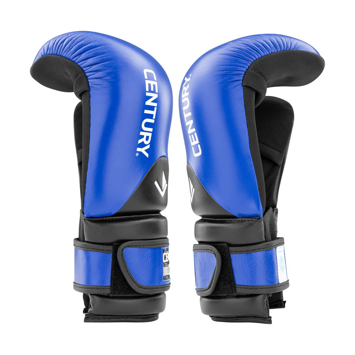 Blue and black boxing gloves with hook-and-loop wrist strap and CENTURY patch
