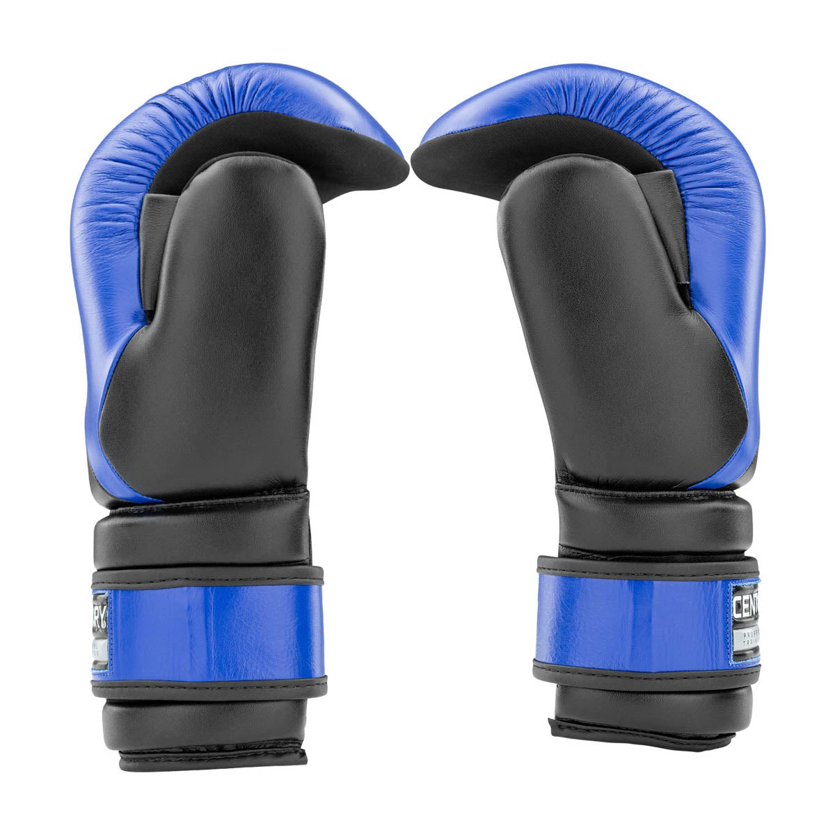 Pair of blue and black boxing gloves, front view with rounded knuckle padding