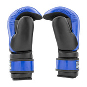 Pair of blue and black boxing gloves, front view with rounded knuckle padding