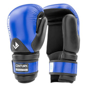 Blue and black boxing gloves, side profile with padded wrist and curved shield