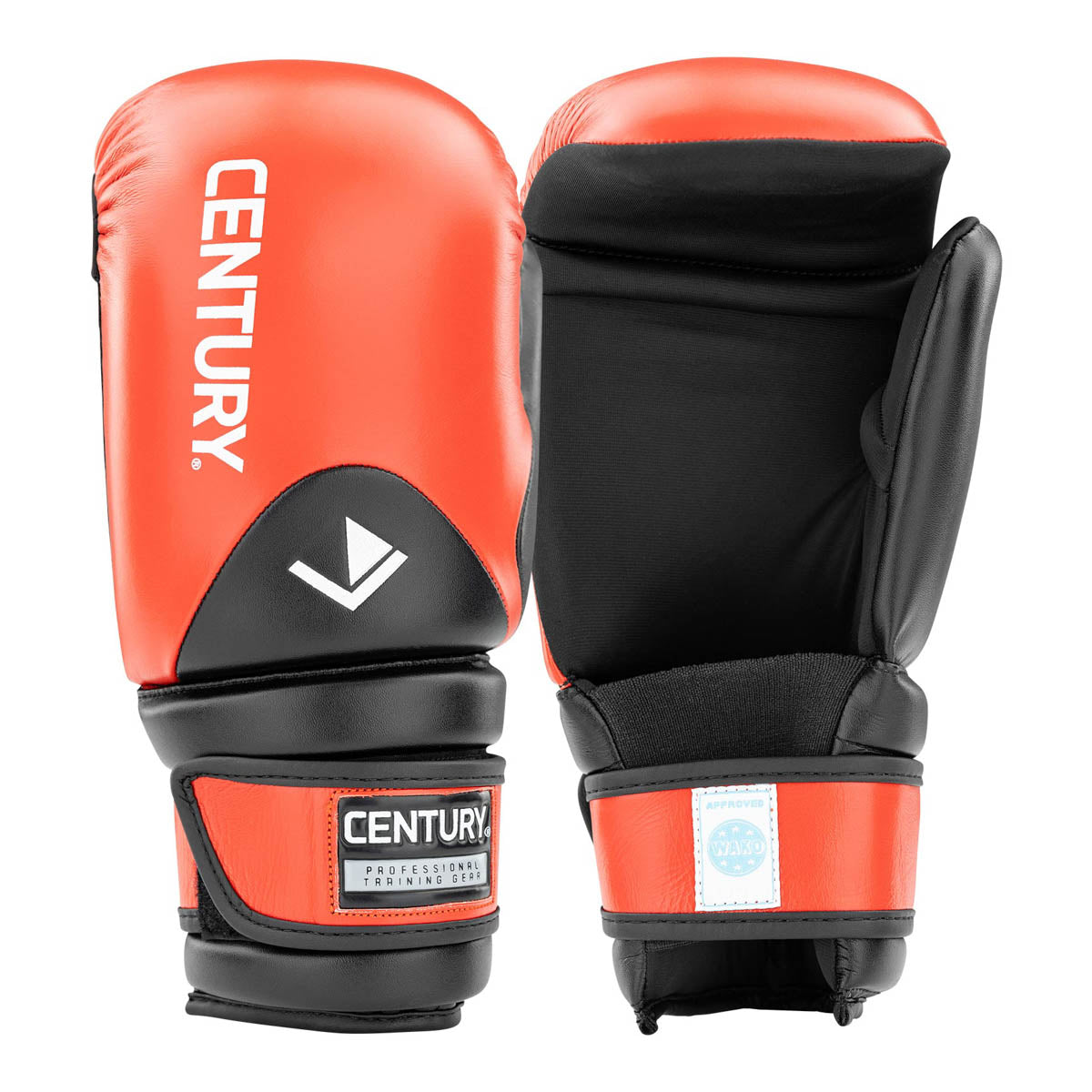 Red and black boxing gloves with CENTURY wrist label and hook-and-loop strap