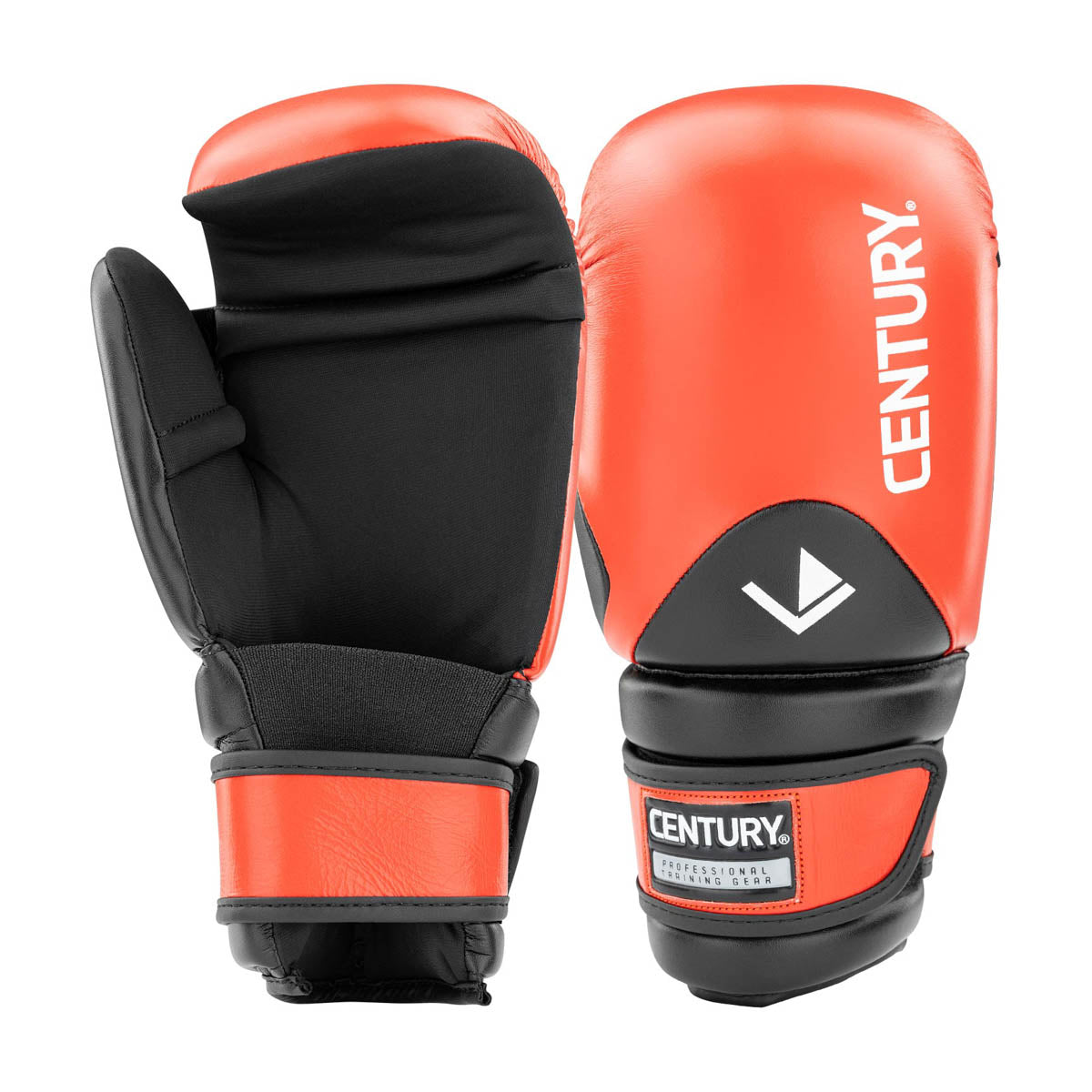 Red and black boxing gloves showing back padding and curved hook-and-loop closure