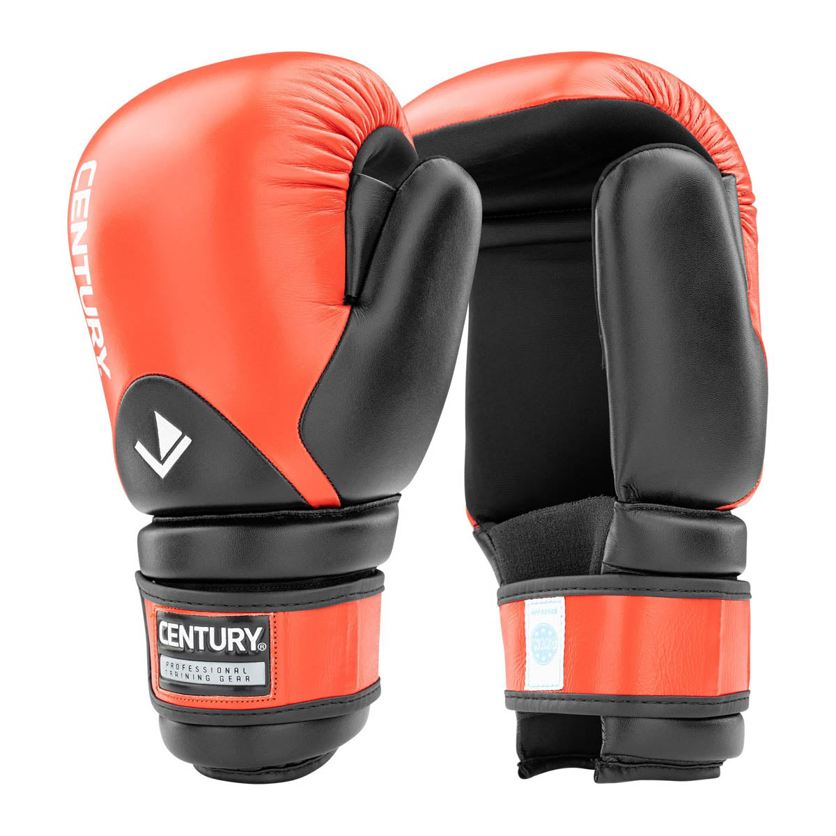 Red and black boxing gloves with angled thumb side and CENTURY wrist patch