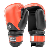 Red and black boxing gloves with angled thumb side and CENTURY wrist patch
