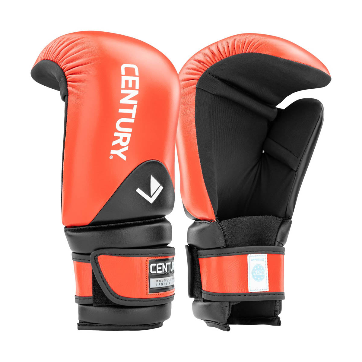 Red and black boxing gloves, front view with CENTURY label and knuckle panel