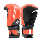 Red and black boxing gloves, front view with CENTURY label and knuckle panel
