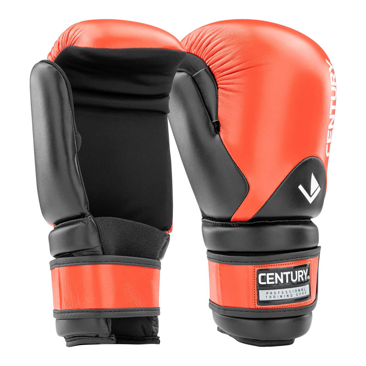 Red and black boxing gloves, rear view with padded cuffs and wrist strap detail