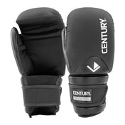 Black boxing gloves back view with CENTURY vertical logo and padded wrist strap.