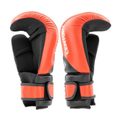 Red and black boxing gloves, side/back angle with curved knuckle guard and strap