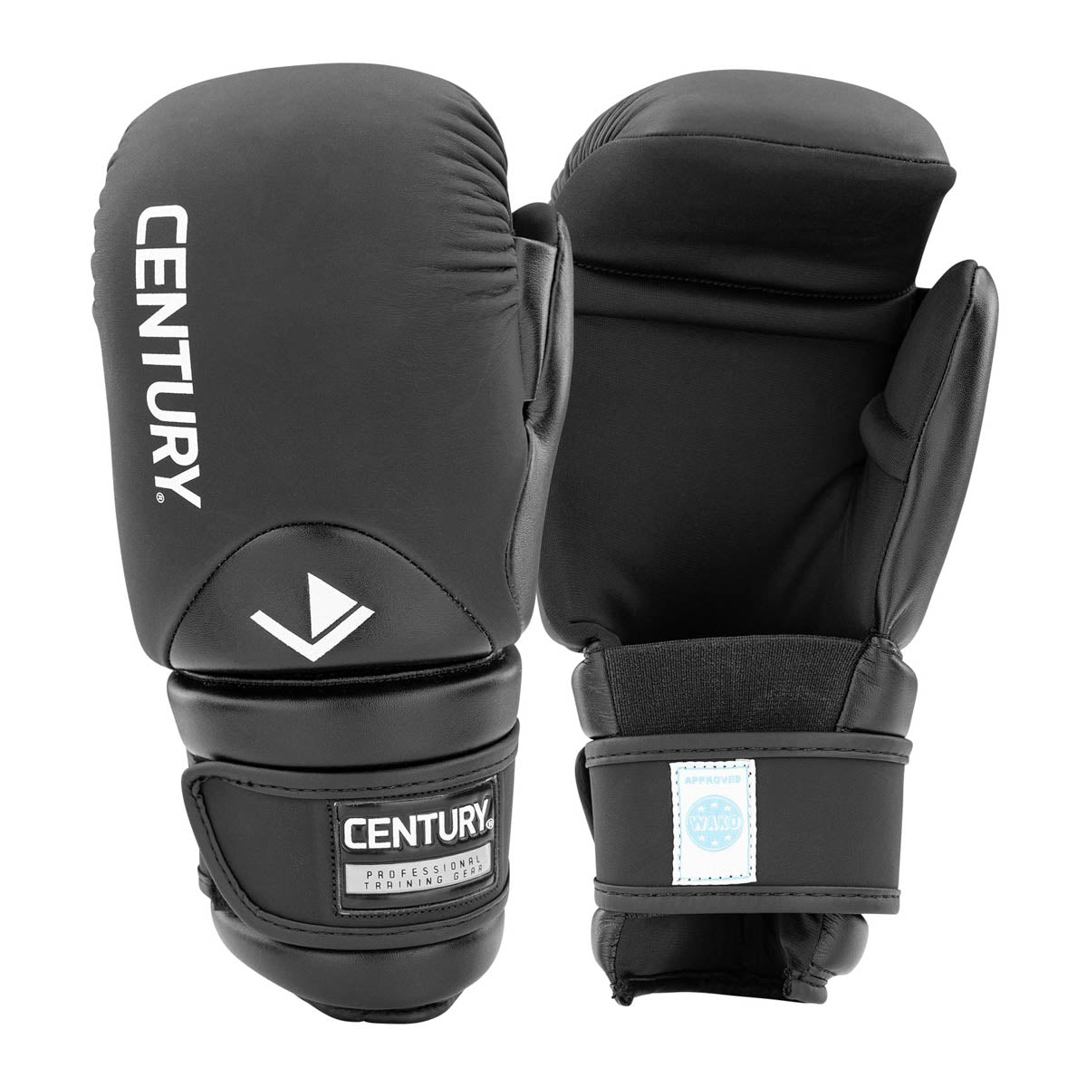 Black boxing gloves showing CENTURY patch and WAKO CREED text on the backs.
