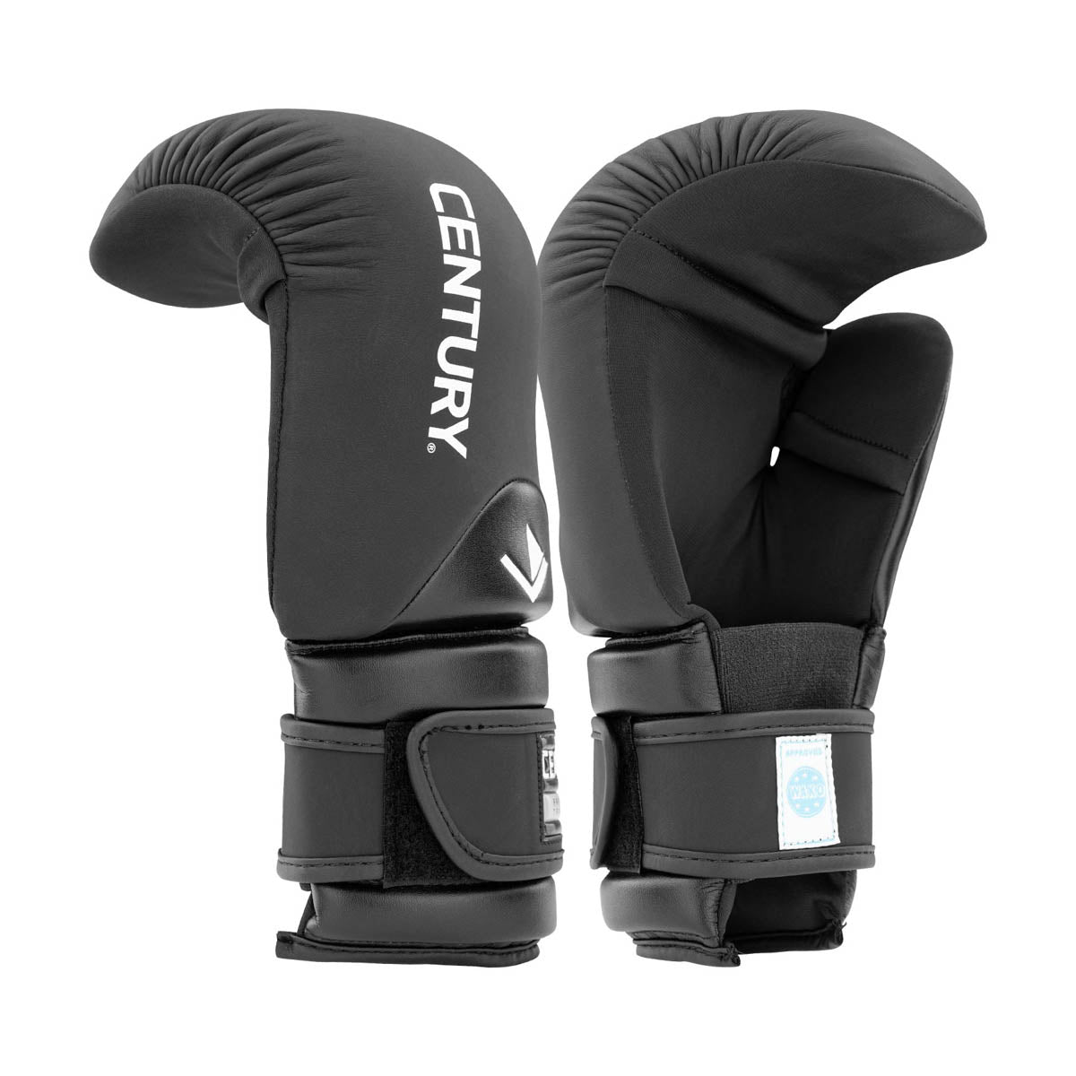 Black boxing gloves with CENTURY branding and stitched seams, angled back view.