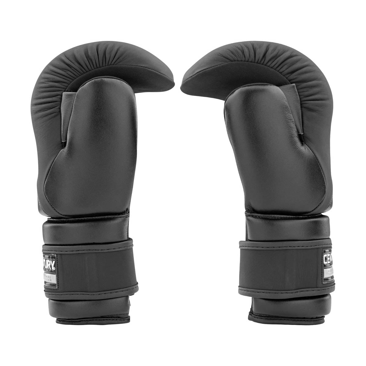 Black boxing gloves underside view with padded knuckle area and wrist cuffs.