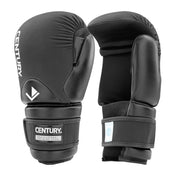 Black boxing gloves front and side views with CENTURY logo patch and thumb guard.