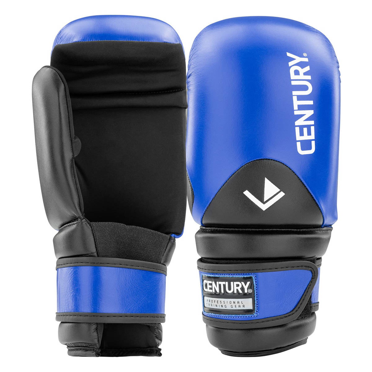 Blue boxing gloves with black palms, CENTURY logo, thumb guard, and wrist strap.