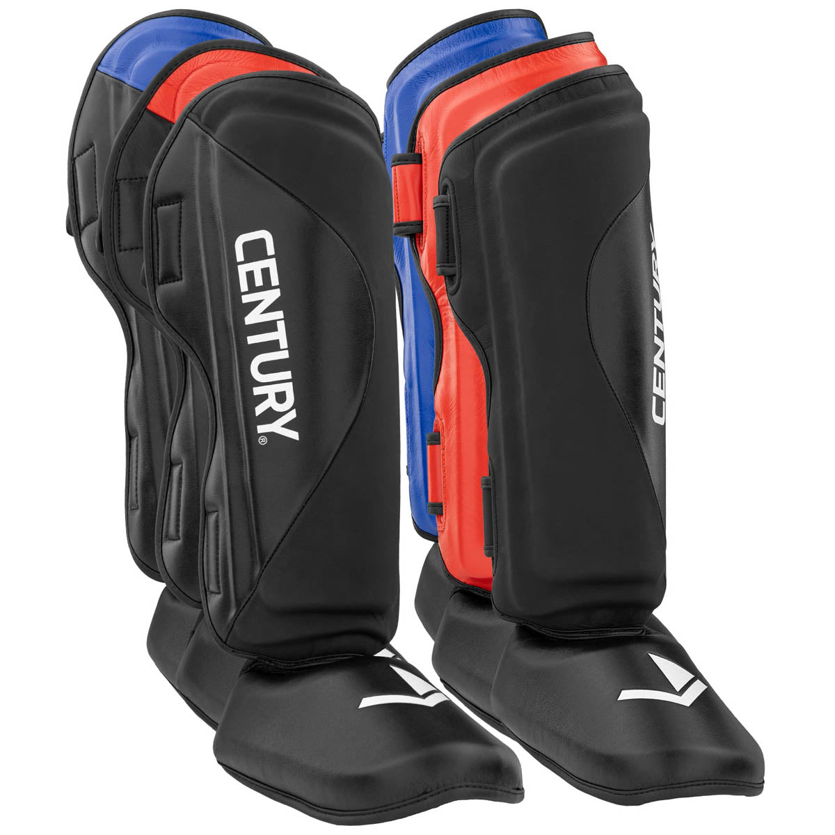 Shin instep guards in black with red and blue side accents
