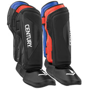 Shin instep guards in black with red and blue side accents